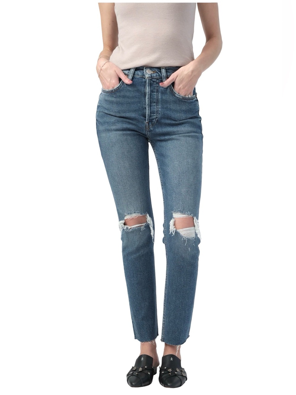 RE/DONE 90s High-Rise Ankle Crop In Dusk Destroy 190-3WHRAC Button Fly Grunge 28 - Picture 1 of 11